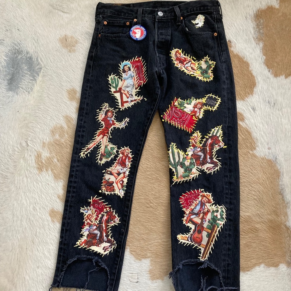 black vintage hand sewn one of a kind Levi jeans